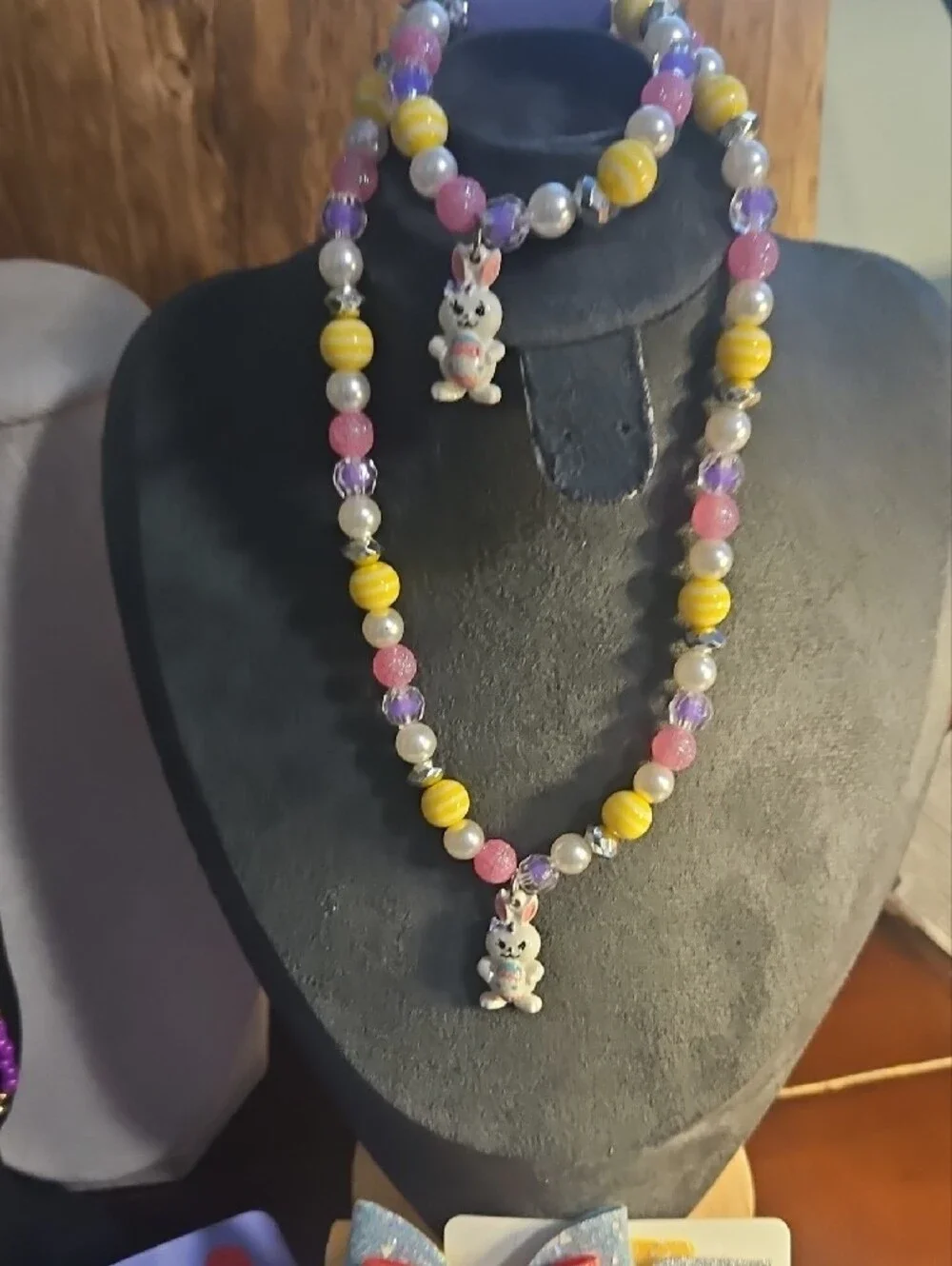 Claire's Pastel Bead Necklace with Bunny Charms - Yellow, Pink & Purple